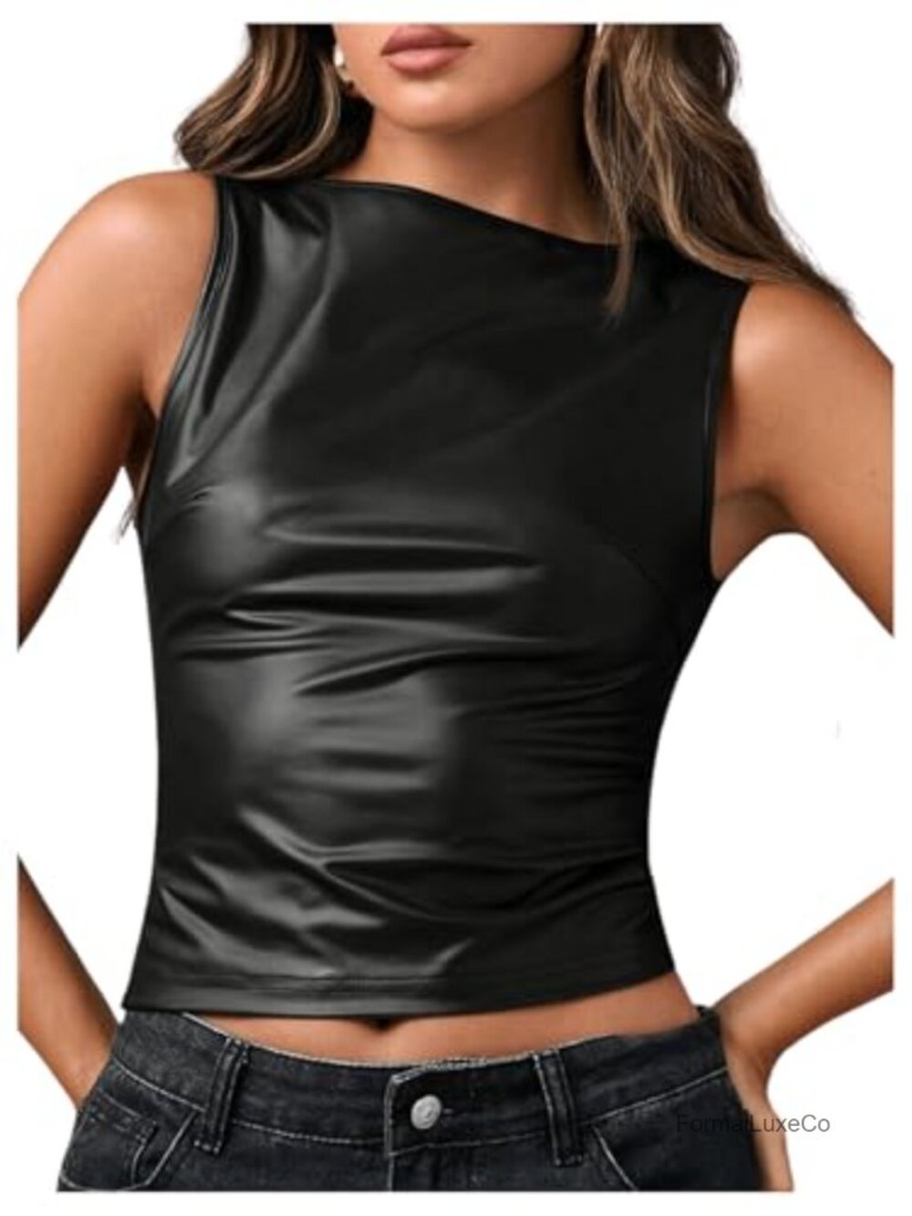 Milumia Faux Leather Tank Top Y2K Boat Neck Fitted Going Out Top Sleeveless